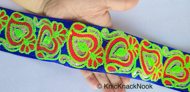 Royal Blue Art Silk Fabric Trim With Neon Green, Red & Gold Floral Embroidery, Indian